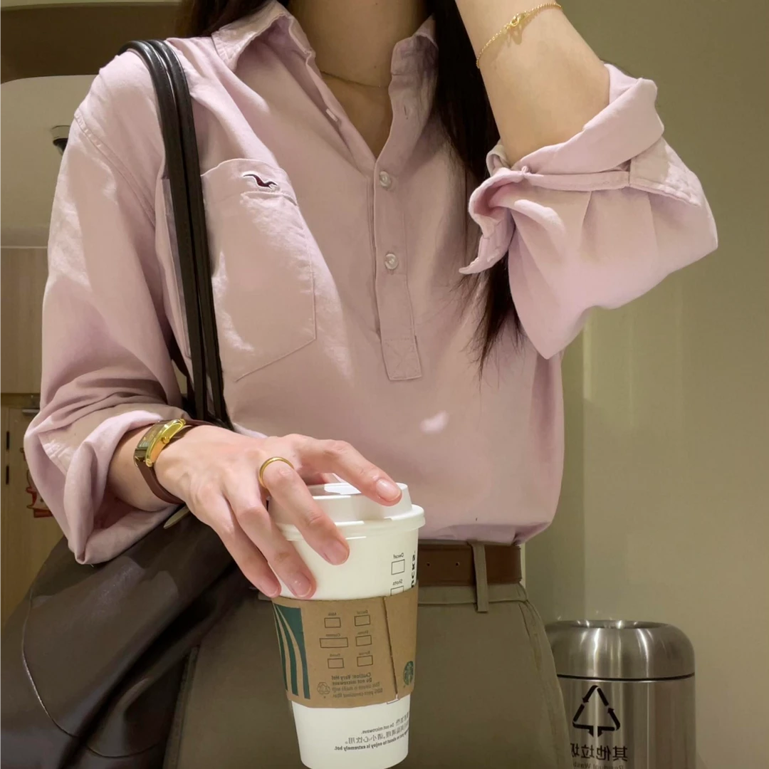 秋装爆款2025新款飞鸟刺绣小众宽松慵懒风粉色纯棉衬衫女上衣衬衣