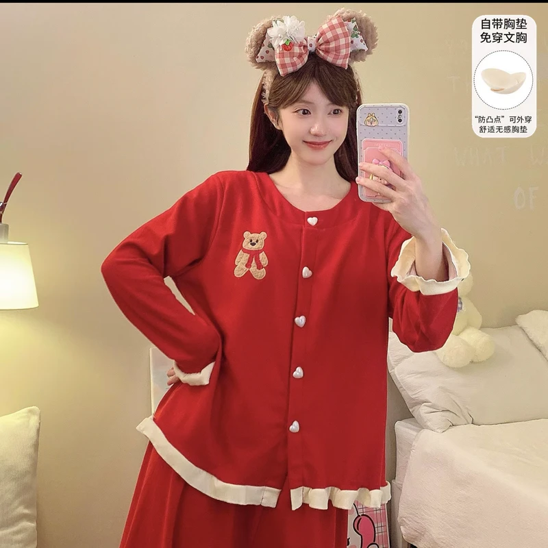 【羊绒带胸垫】冬季小熊长袖春秋款新年睡衣女款秋冬带胸垫家居服