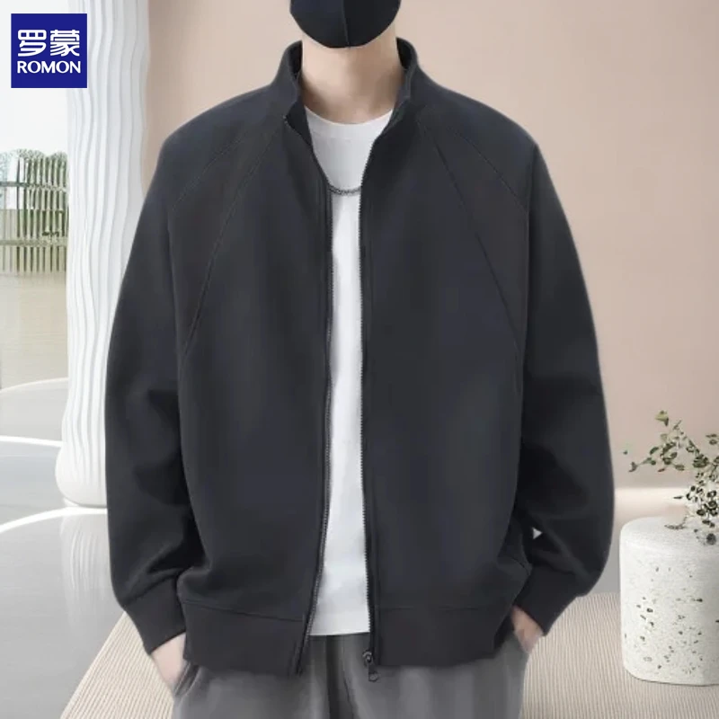 罗蒙夹克开衫卫衣男士秋季新款宽松休闲运动上衣拼接立领男装