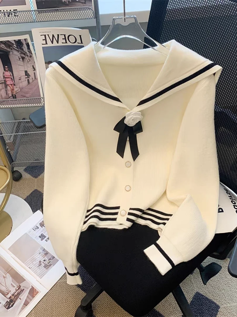 22126学院风毛针织衫撞色海军领毛衣女秋冬秋季显瘦宽松长袖