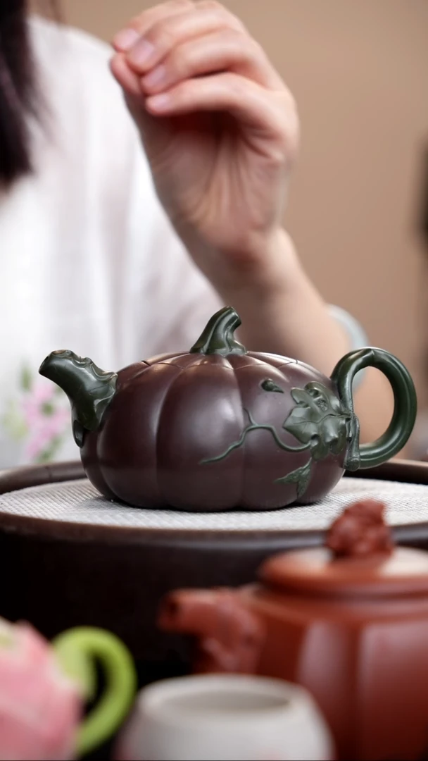 茶壶紫砂紫泥双色南瓜壶扁