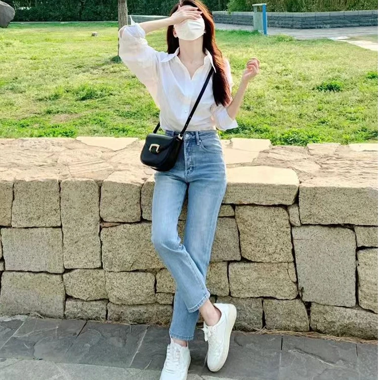 55095外穿显瘦海蓝阔腿裤长裤复古薄款牛仔裤直筒夏季时尚