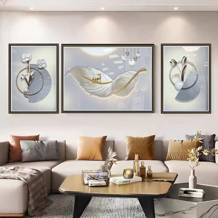 [喜宅家艺]现代轻奢羽毛客厅装饰简约沙发背景墙画实物三联画M19