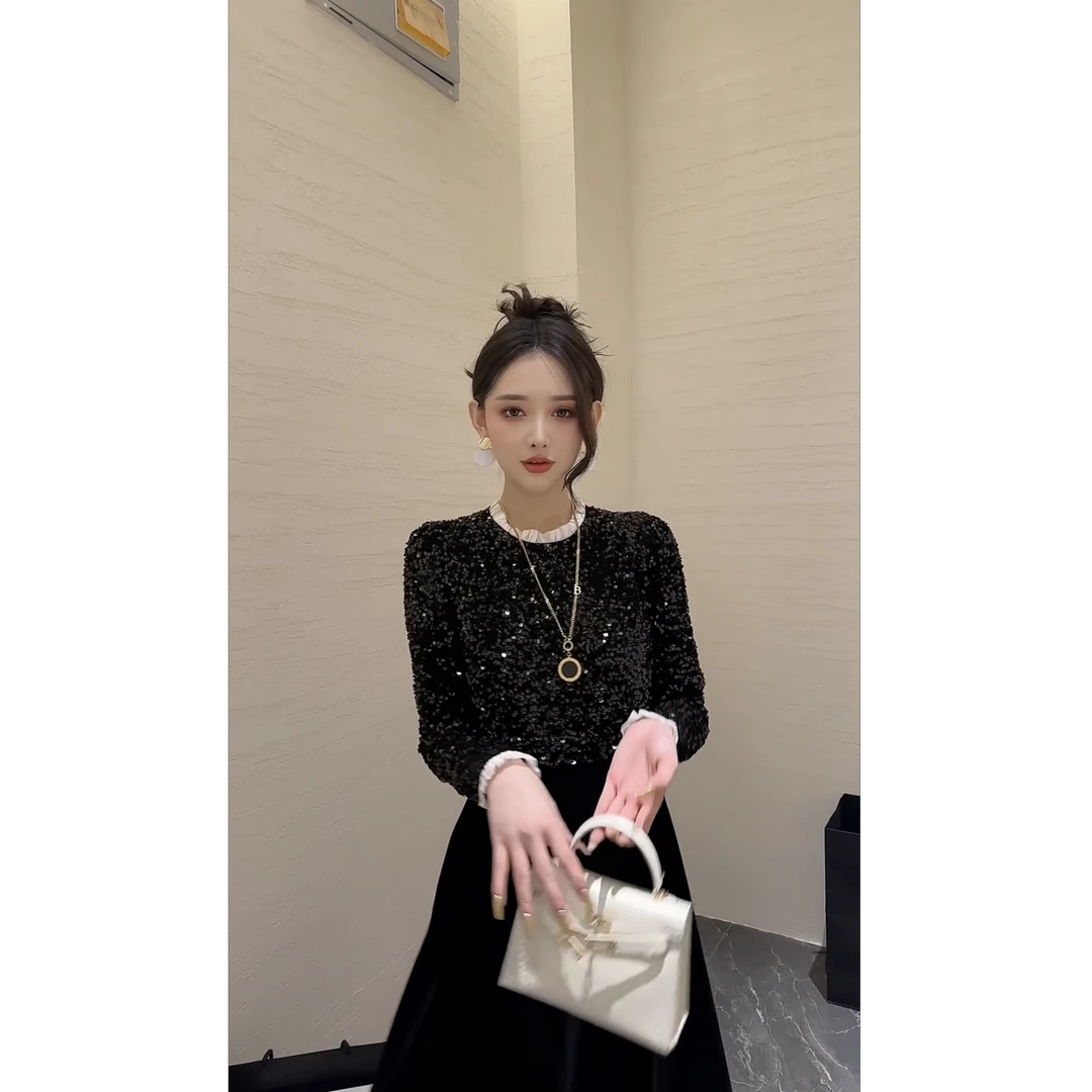 KIKI严选：5081-CANDY家欧货南油秋冬新款亮片拼丝绒连衣裙