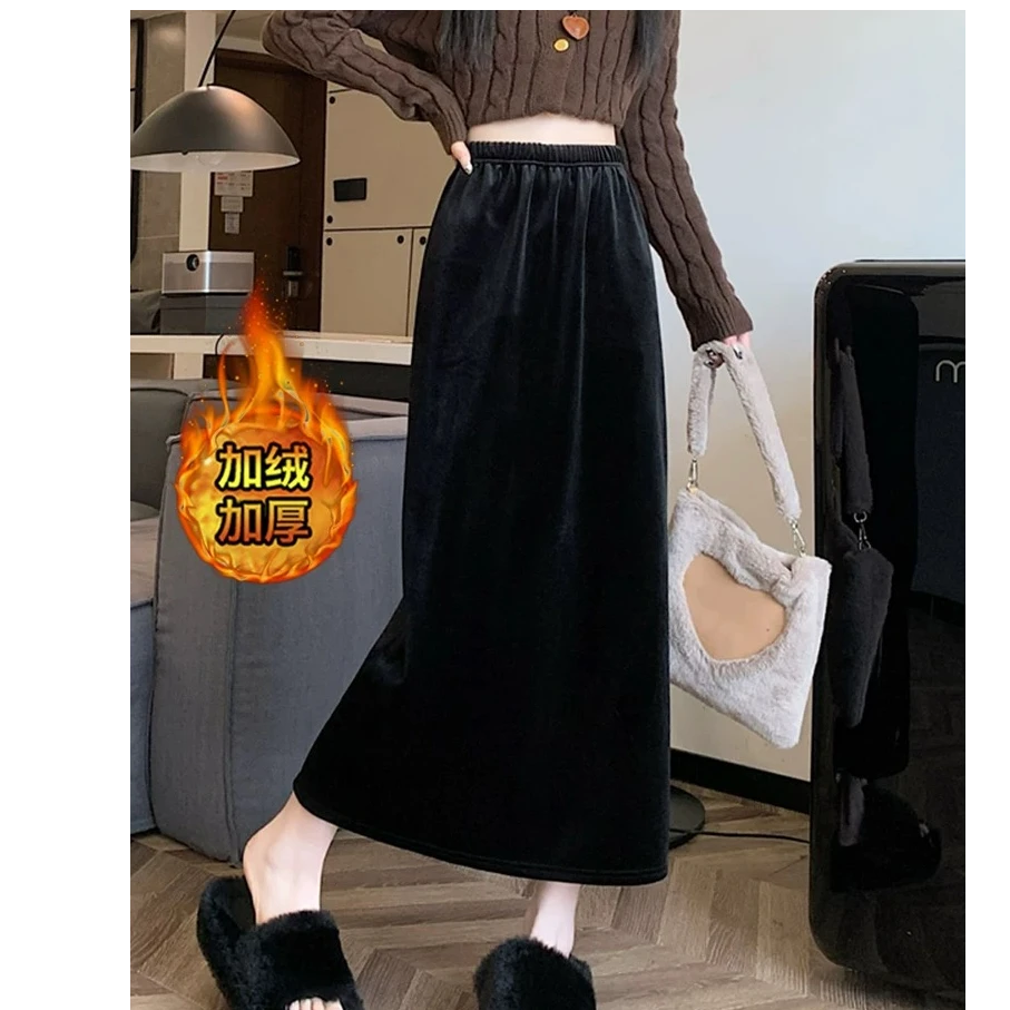 黑色中长款2025秋冬半身裙新款金丝绒高腰显瘦长裙一步开叉裙子女