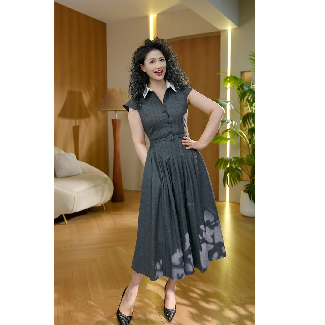 【六丑】新款法式气质收腰显瘦白领无袖百褶灰色连衣裙412LYQ0672
