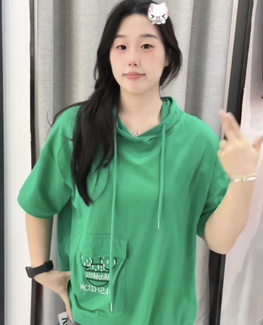 韩版宽松大码显瘦连帽T恤女2025夏季新款洋气减龄短款上衣