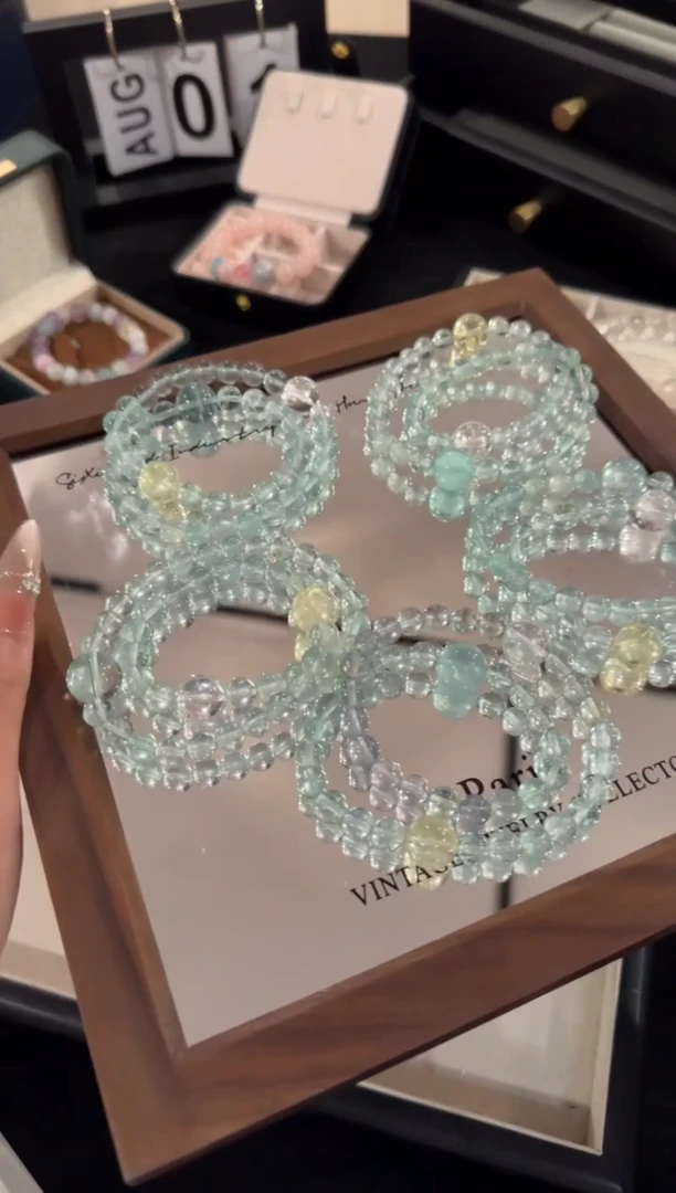 水晶手链合金绿萤石双圈x2156