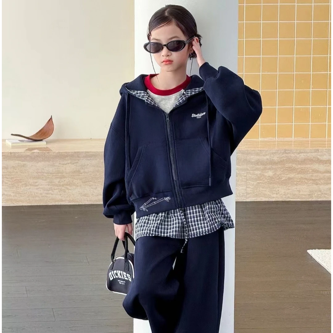 2025秋装新款女童格子拼接卫衣连帽外套弯刀裤套装B25205