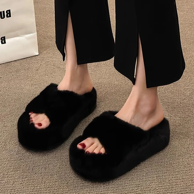 厚底增高一字毛毛拖鞋女外穿加绒防滑百搭2025秋冬季新款棉拖鞋子