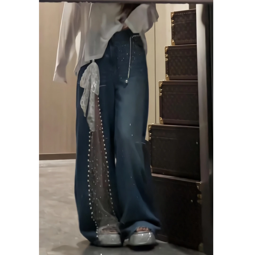 镂空蕾丝设计牛仔裤夏季新款女水洗蓝色百搭复古休闲阔腿长裤子潮