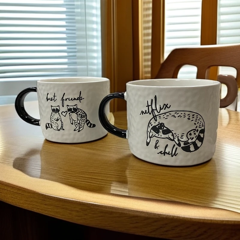 手柄款卡通风手绘情侣杯马克杯无盖款印花复古家用