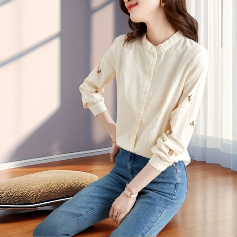 【雅岚女装】纯棉中国风刺绣衬衫长袖春秋新薄款上衣气质打底衫衬衣