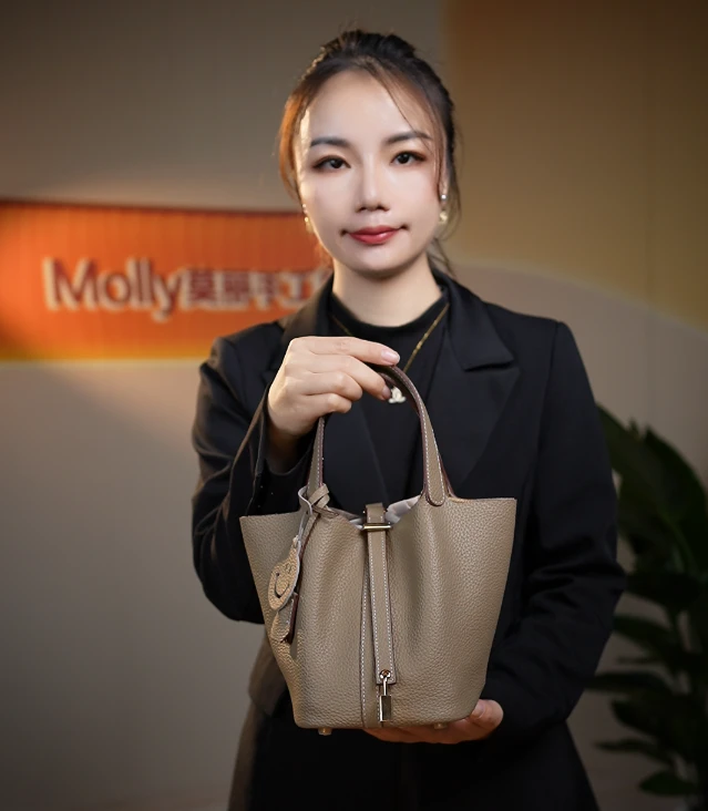 【Molly定制】原创设计头层牛皮TOGO皮大象灰金扣菜篮子女包