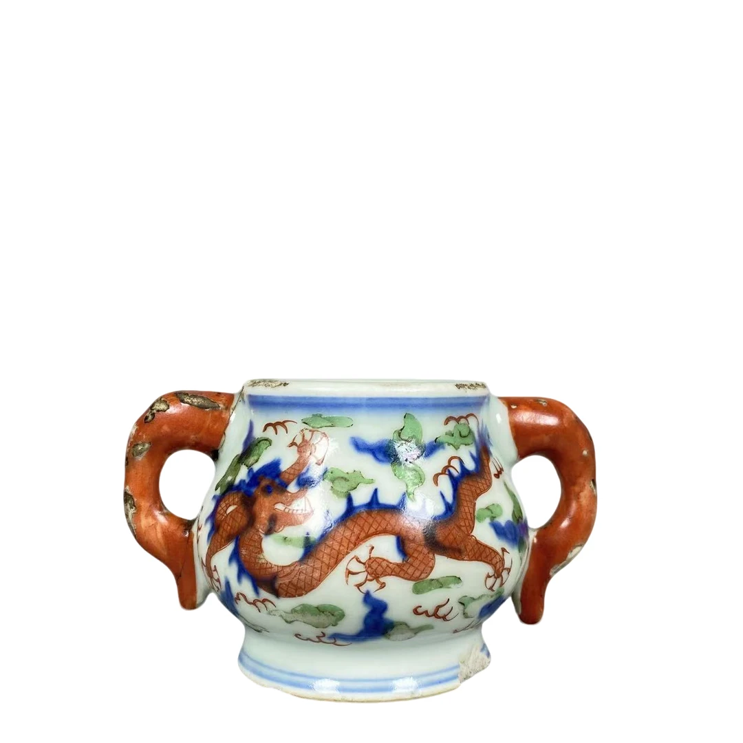 【022011175】清代 青花五彩象耳炉（瓷器一）