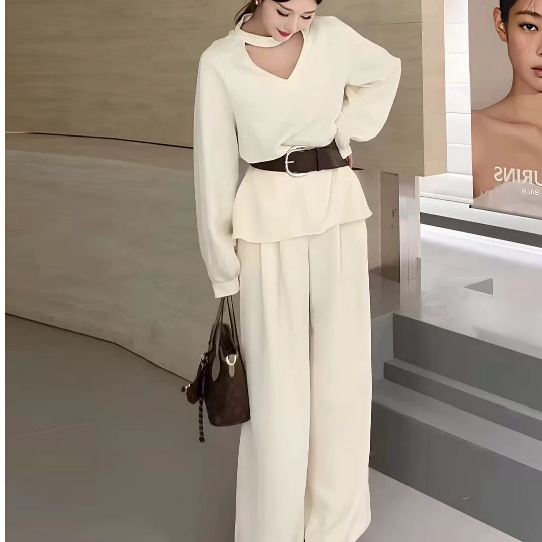 韩版法式老钱风气质名媛v领长袖上衣高腰阔腿裤高级感显瘦两件套