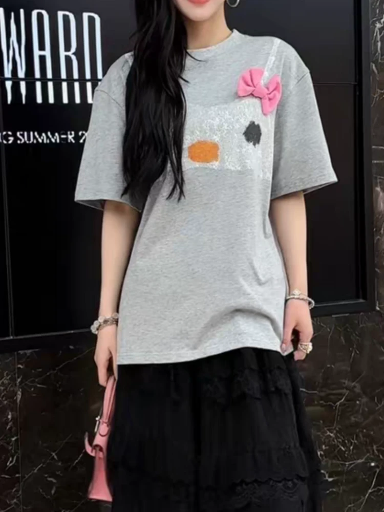 【济州岛】立体粉色蝴蝶结设计 蕾丝印花吊带拼接短袖