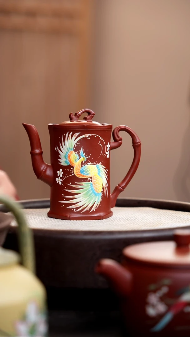 【闪购商品】紫砂茶壶大红袍高竹节壶泥绘凤凰