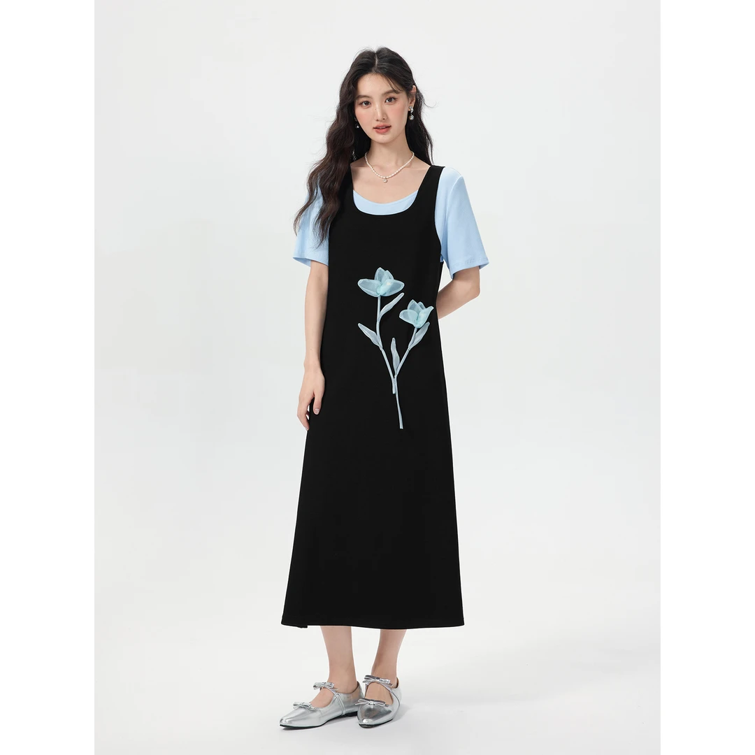 爱蔷薇大码立体花朵连衣裙假两件短袖设计感夏装黑色长裙GT76702