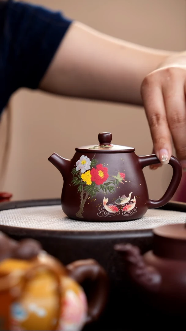 茶壶紫砂紫脂泥高石瓢泥绘双鱼