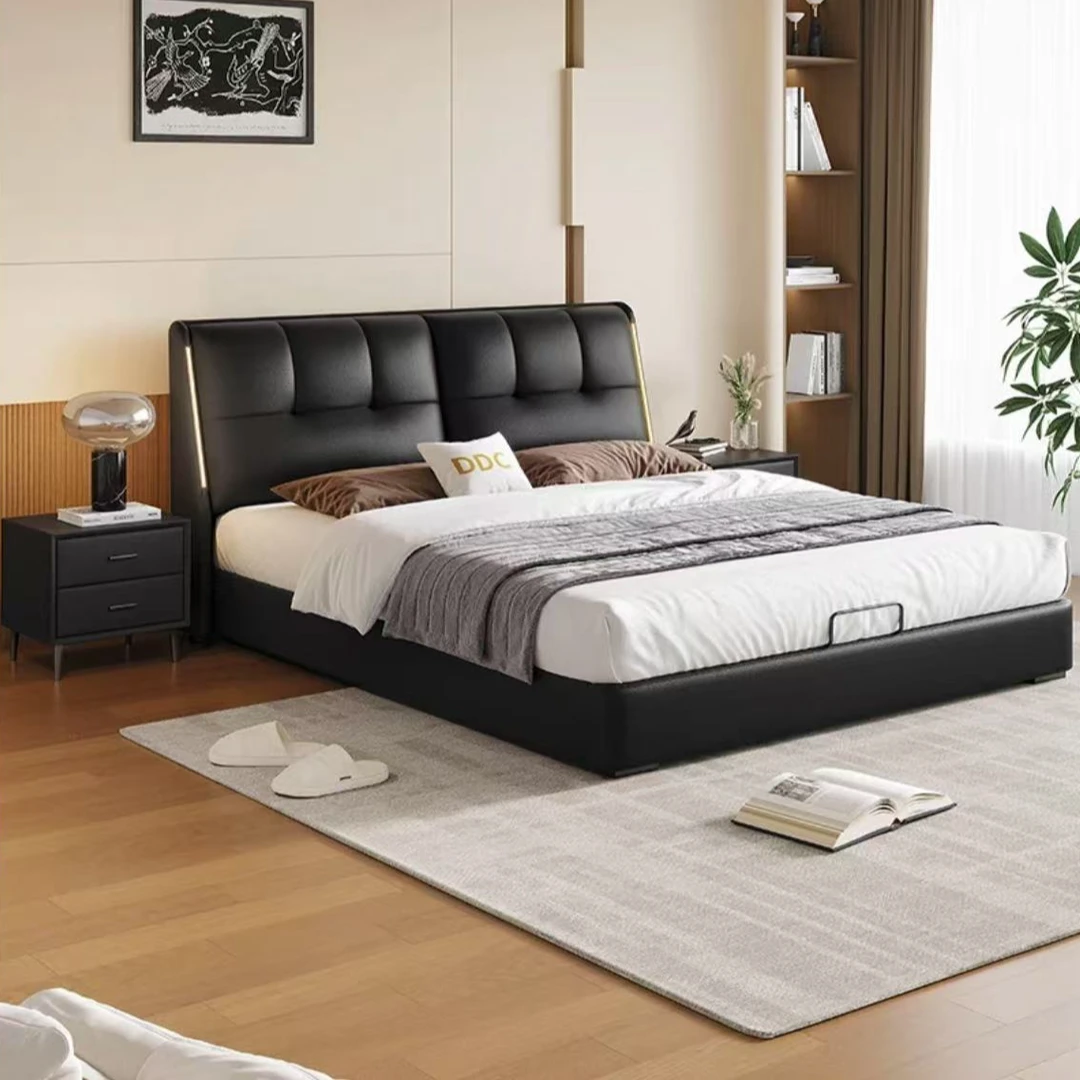 头层牛皮意式极简床现代简约轻奢高端双人主卧大床软包皮床主卧床