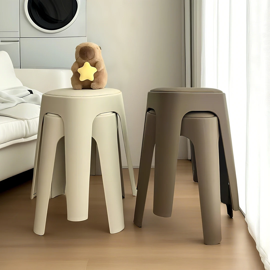 塑料餐椅软包凳子家用可叠放加厚高级感圆胶凳餐桌客厅备用高椅子