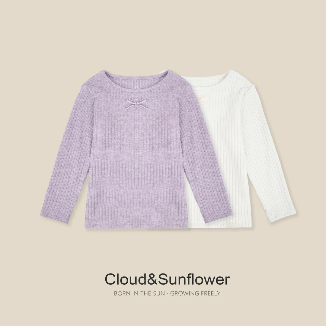 女童纯色竖条蝴蝶结圆领秋季时尚打底毛衣660302