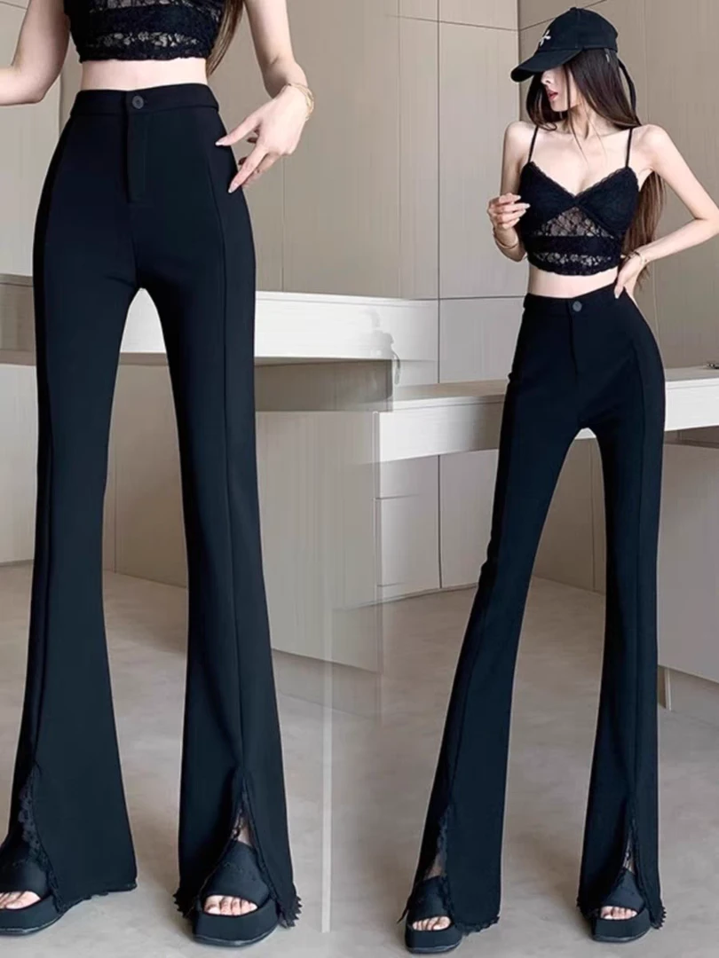 97051黑色开叉微喇西装裤春季高腰垂感显瘦蕾丝花边拼接喇叭裤子
