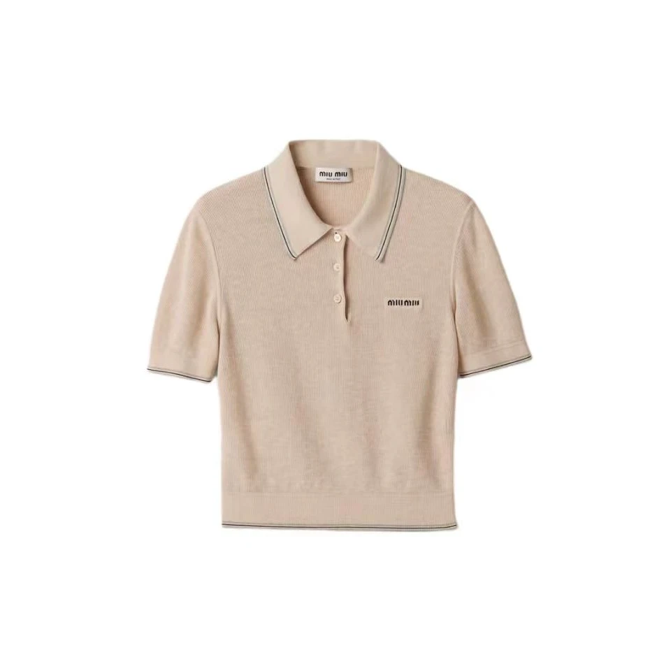 全新未使用 MIU MIU/缪缪 字母刺绣针织条纹边饰POLO领短袖T恤