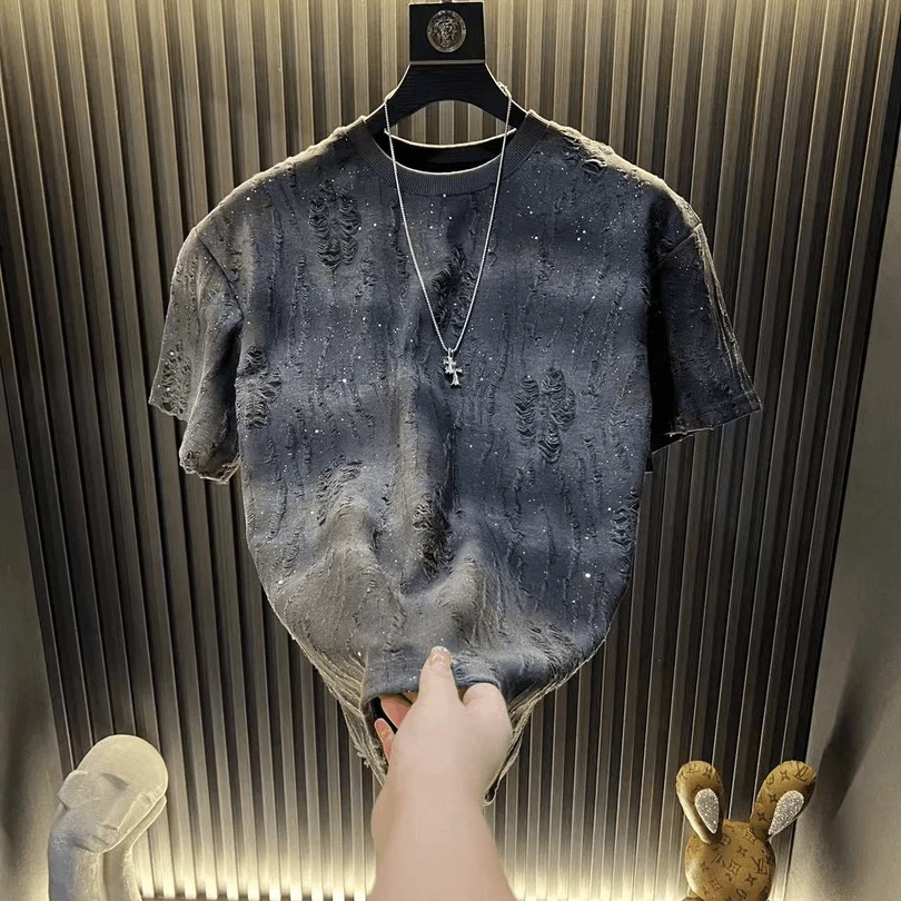 2025春季新款爆款轻奢高定男士半袖潮流韩版亮片渐变破洞圆领上衣