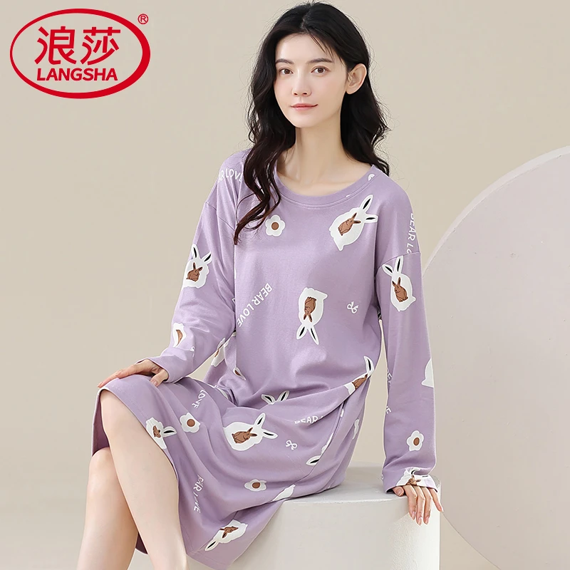 浪莎秋冬季睡裙纯棉女士睡衣卡通可外穿连衣裙全棉女款家居服薄款