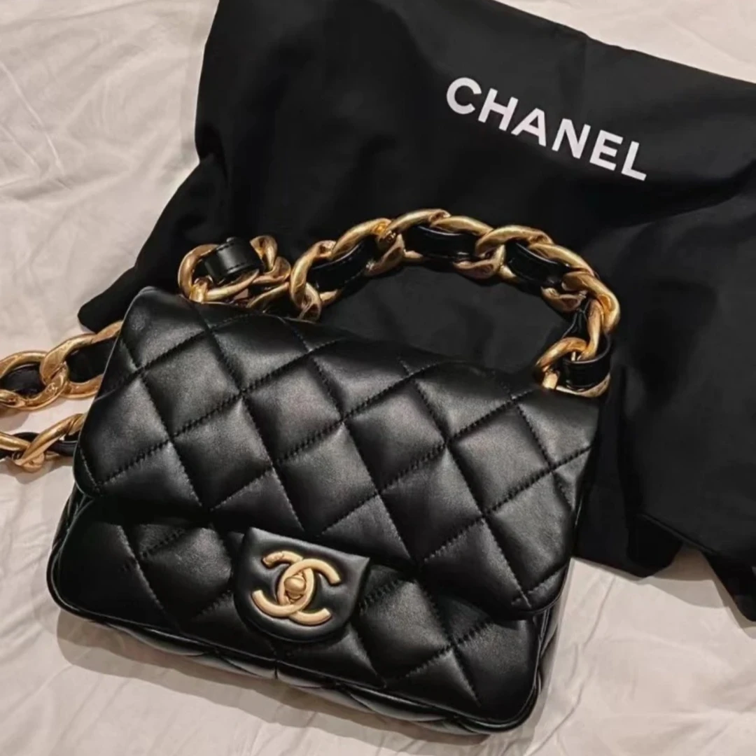 99新 Chanel/香奈儿 花花22S 拼接链条 方胖子 黑色 皮革S 芯片开