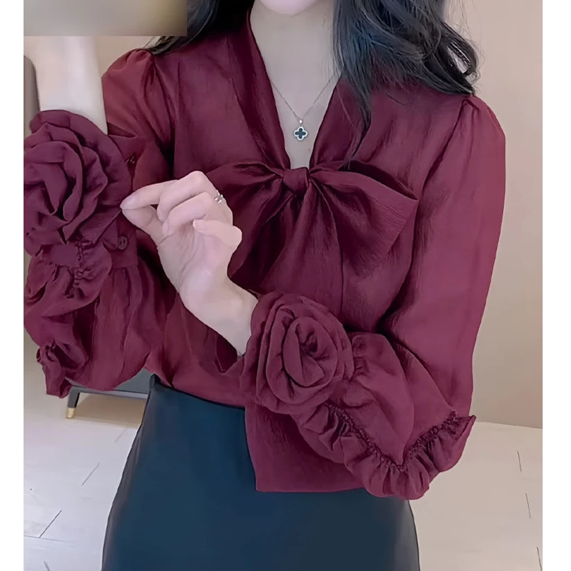 欧货重工气质红色上衣女2025年春夏新款时尚洋气高级轻奢长袖上衣