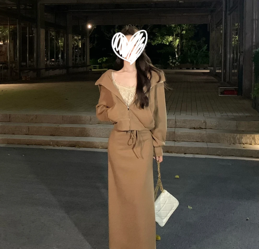 轻熟风秋季休闲长袖连帽卫衣外套蕾丝内搭上衣直筒半裙套装三件套