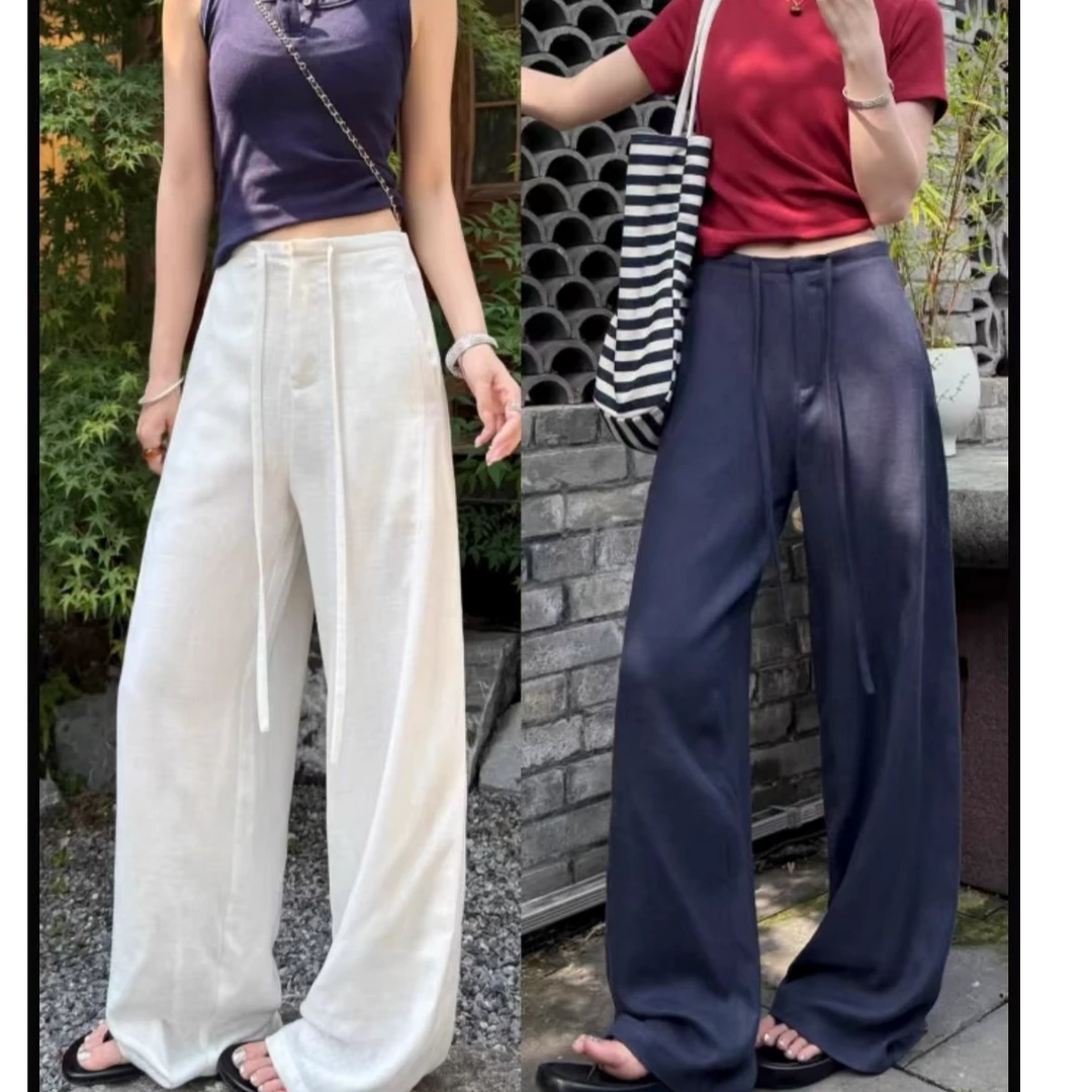 白色天丝亚麻阔腿裤女夏薄款透气休闲裤老钱垂感直筒裤显瘦宽松