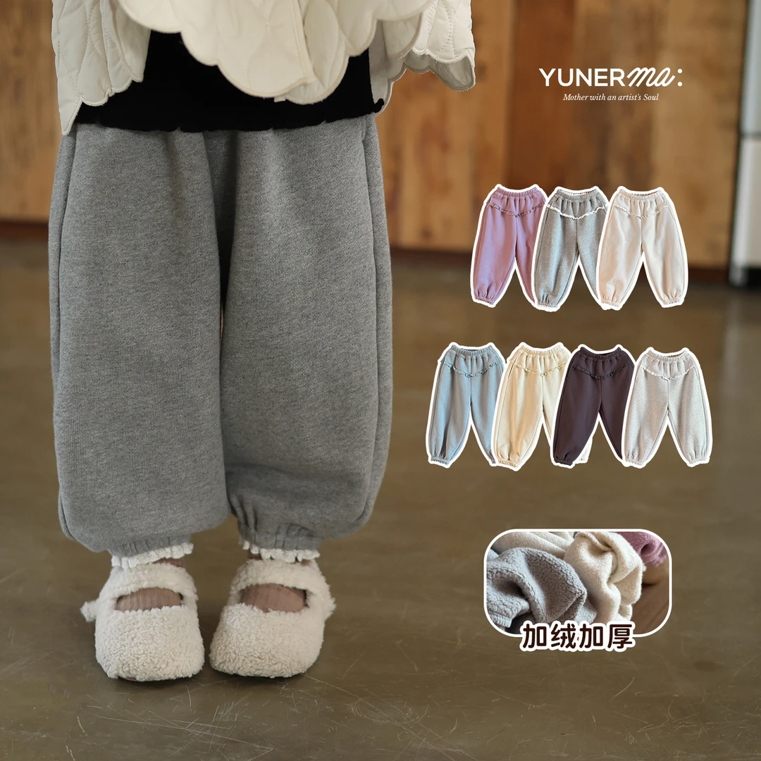 允儿妈女童冬季新款加绒加厚蕾丝拼接休闲裤宝宝秋冬运动裤卫裤潮