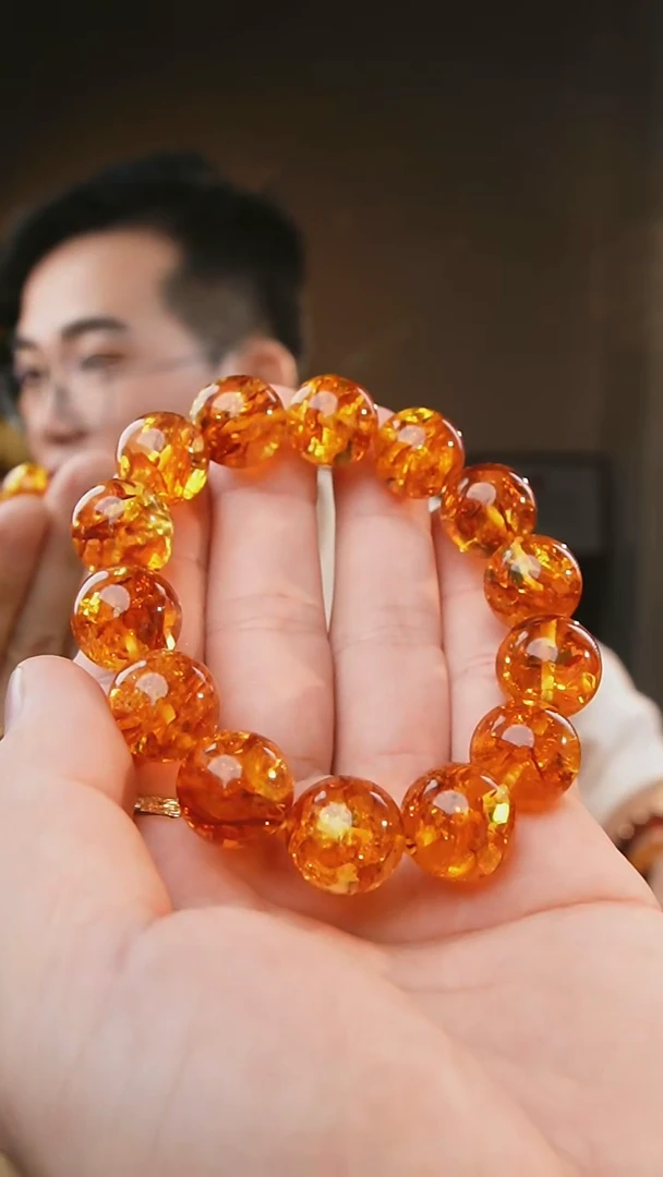 未镶嵌琥珀裸石14+花珀圆珠手串