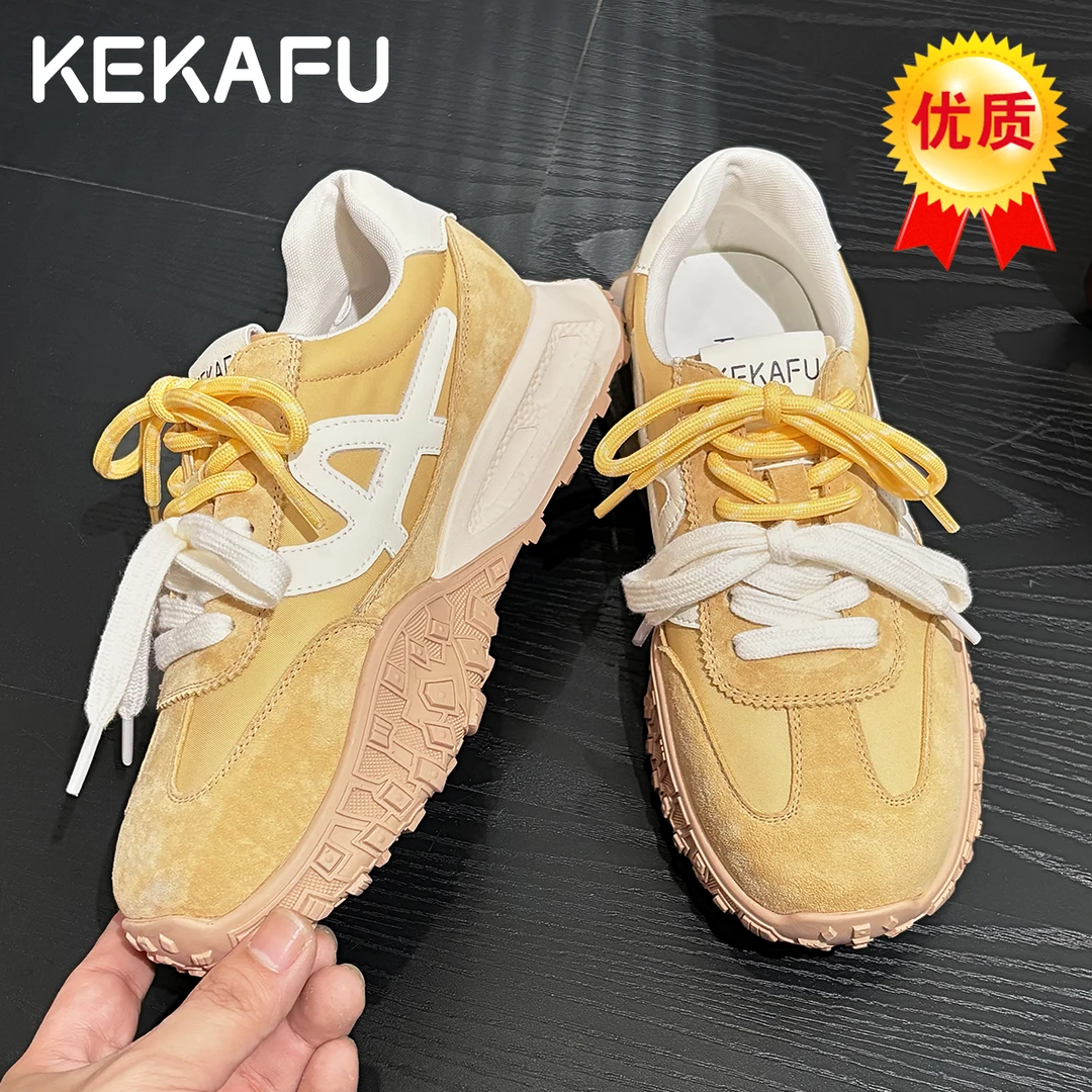珂卡芙黄色厚底德训鞋女款2025秋季爆款真皮芭蕾风阿甘休闲运动鞋