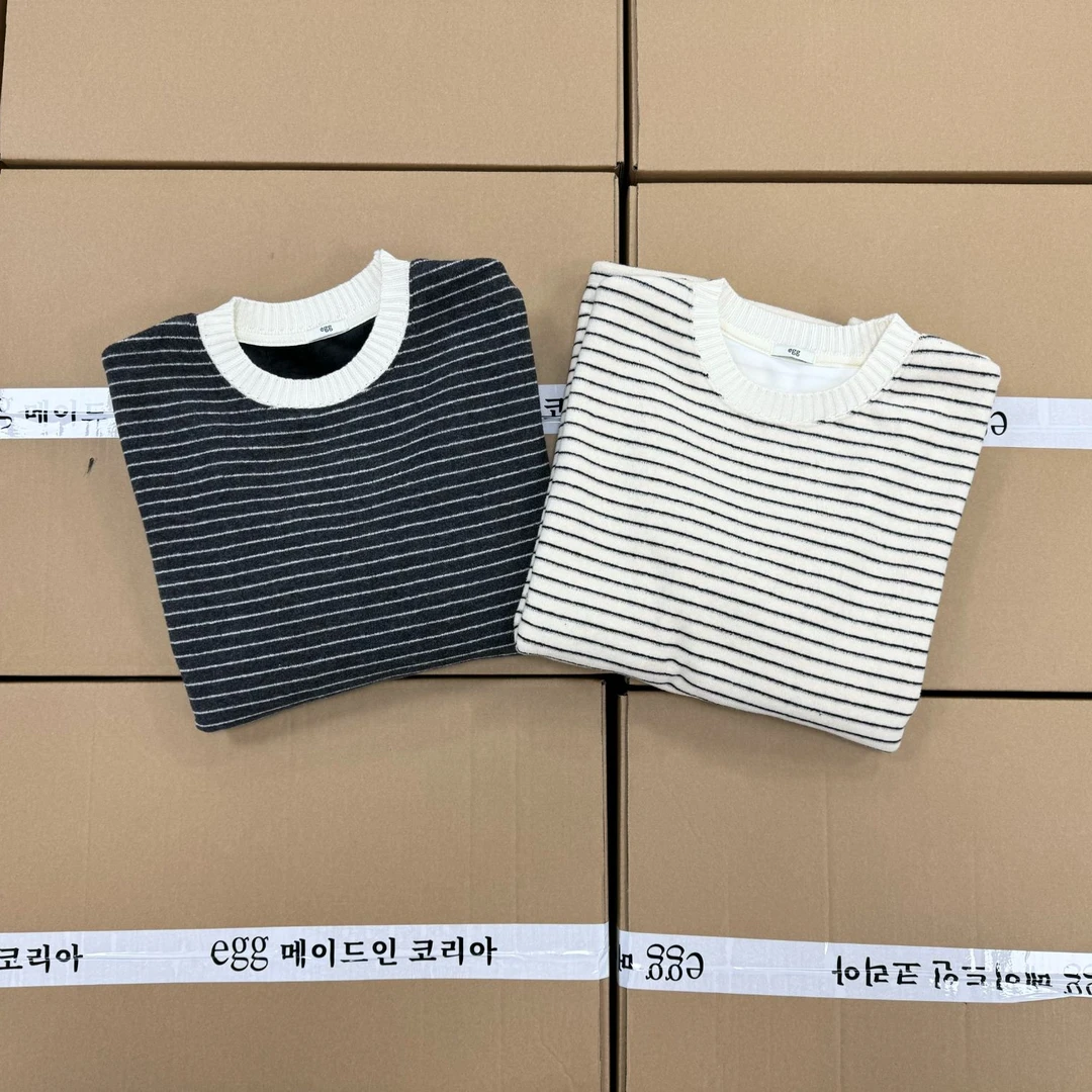 【嘻嘻家】韩系休闲时尚百搭针织长袖蛋家毛巾条纹毛线领打底27128