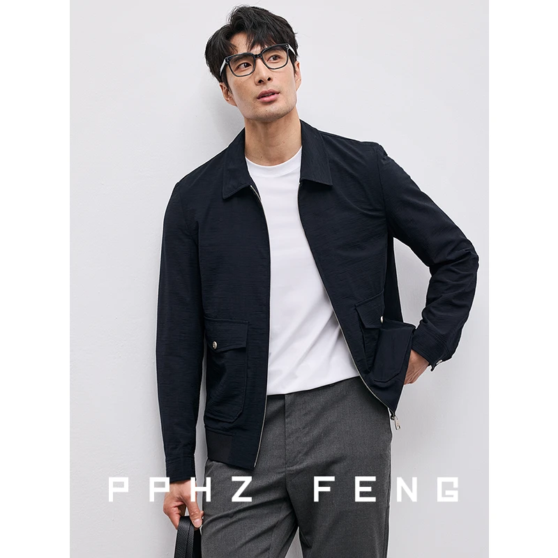高端春夏透气醋酸面料 3D肌理飞行员工装口袋拉链翻领夹克外套男