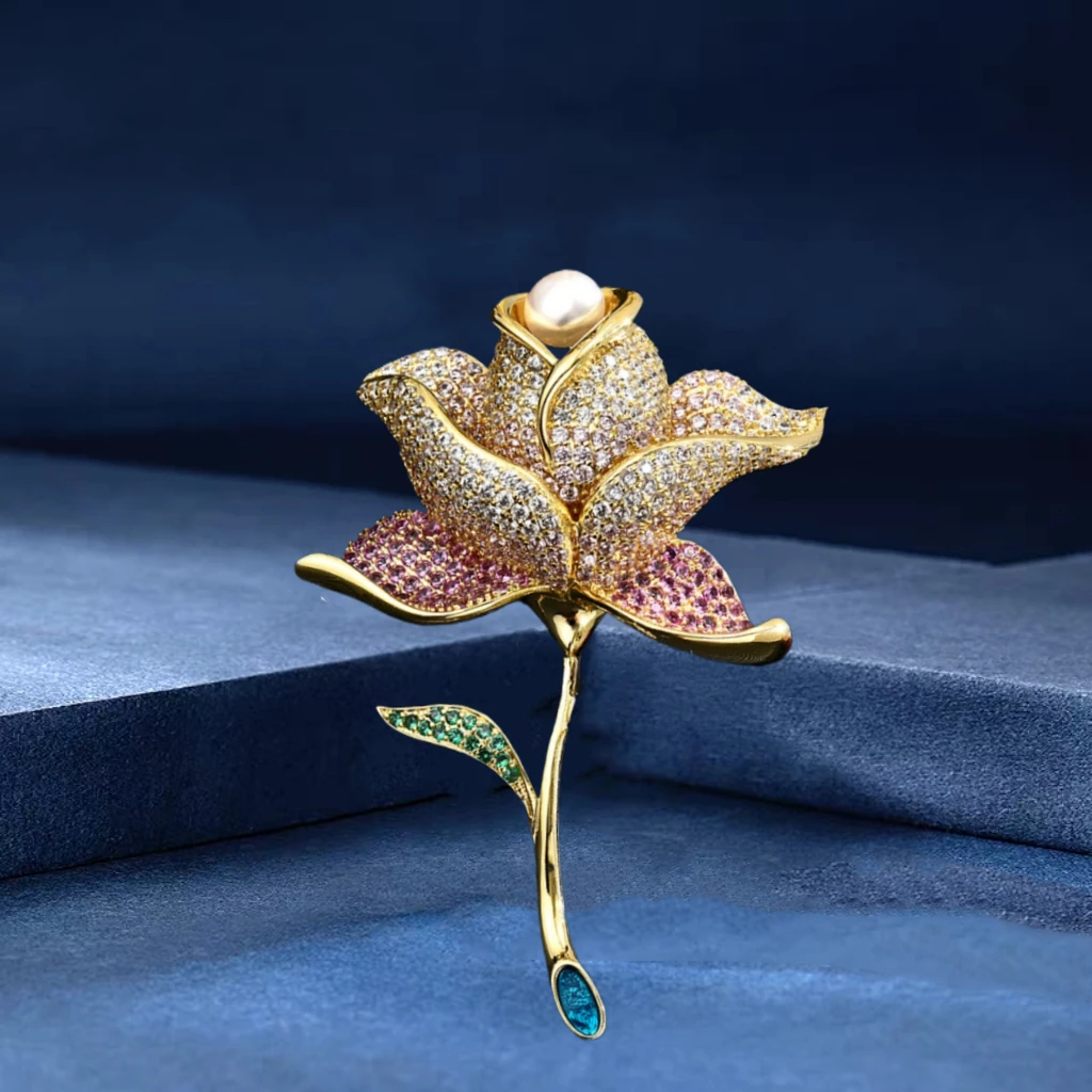 铜合成锆石胸针 小香风设计师款立体玫瑰花大号胸针高档精致别针