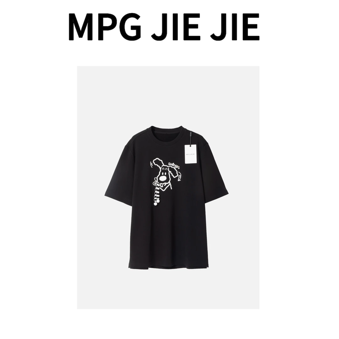 MPG JIEJIE【如意狗狗】25春夏薄绒时尚黑色宽松潮流印花设计T恤