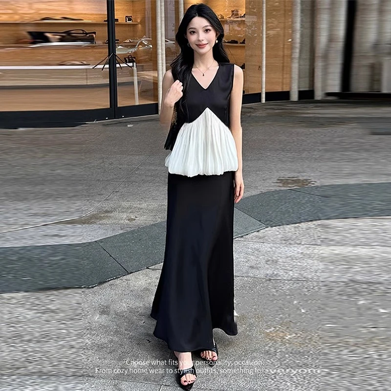 拉夏贝尔时尚套装裙女2025夏季气质拼接减龄V领无袖半身裙两件套