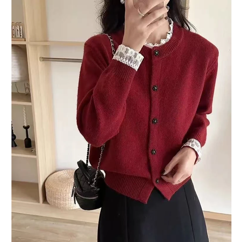 蕾丝边小香风新年红蕾丝边毛衣外套本命年时尚气质新年红色上衣