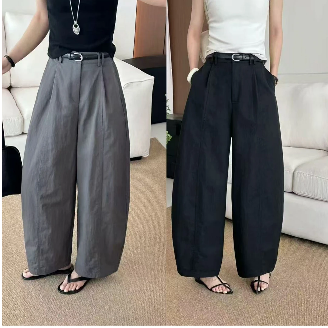 【摩姐姐欧韩】35333 早秋新款慵懒风后腰皮筋遮胯弯刀阔腿裤带皮带