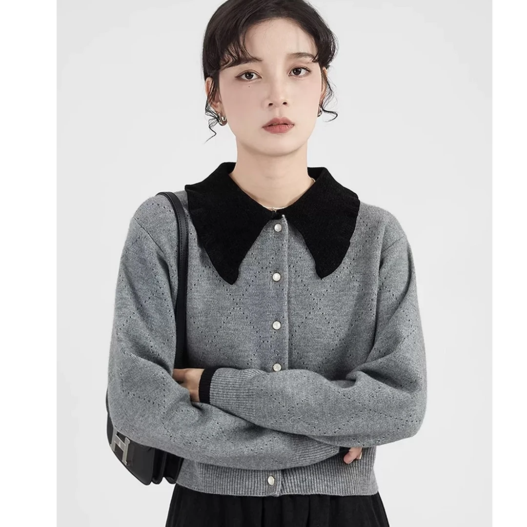 【曼贝】拼接纯色极简风显瘦长袖毛针织衫设计感衬衫假两件【妮妮】