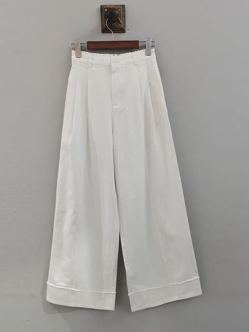 KCXBS20A麦寻2025春文艺复古纯色毛边半松紧阔腿裤宽松简约休闲裤