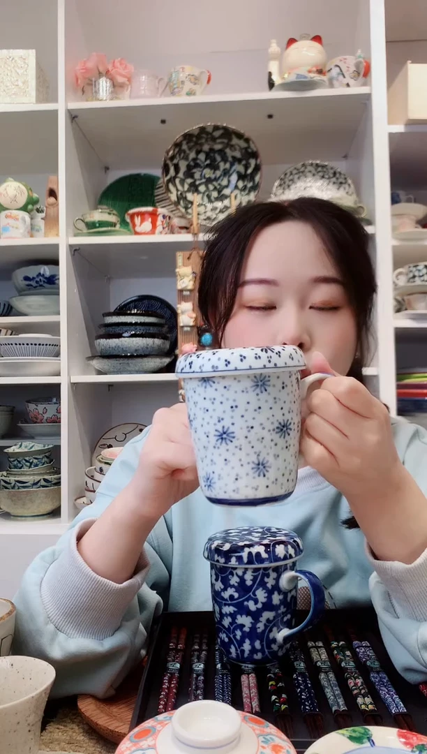 陶瓷日本进口古染雪花盖杯