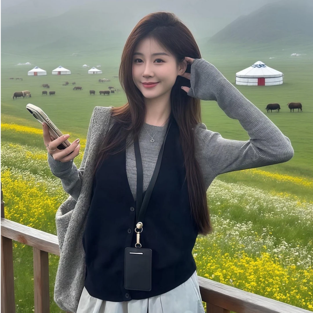 秋冬韩系黑色针织背心拼接长袖早秋新款显瘦时尚拍照必备衣服穿搭