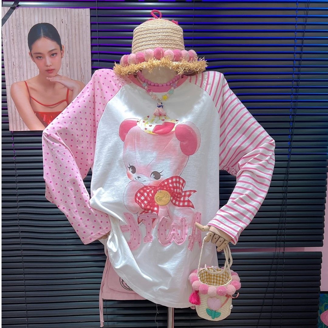 【纯熙+】30185春季新款AB袖小粉鹿T恤女韩版宽松百搭拼接长袖上衣